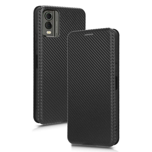 For Nokia C32 PU Leather Carbon Fiber Texture Cover Card Holder Stand Phone Case