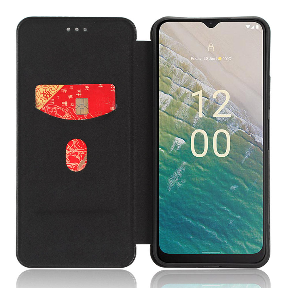 For Nokia C32 PU Leather Carbon Fiber Texture Cover Card Holder Stand Phone Case