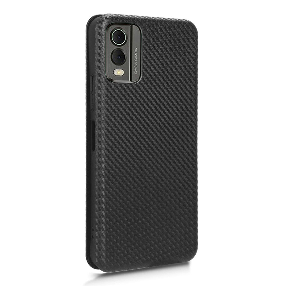 For Nokia C32 PU Leather Carbon Fiber Texture Cover Card Holder Stand Phone Case