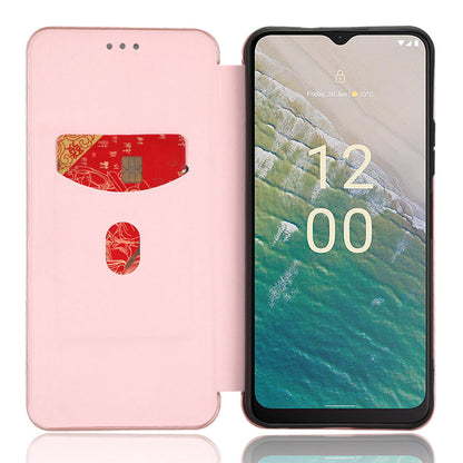 For Nokia C32 PU Leather Carbon Fiber Texture Cover Card Holder Stand Phone Case