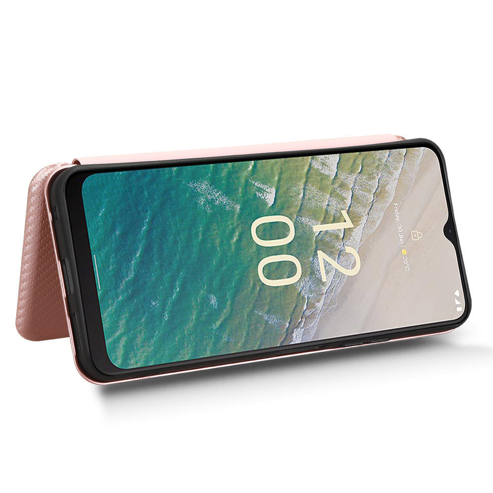 For Nokia C32 PU Leather Carbon Fiber Texture Cover Card Holder Stand Phone Case