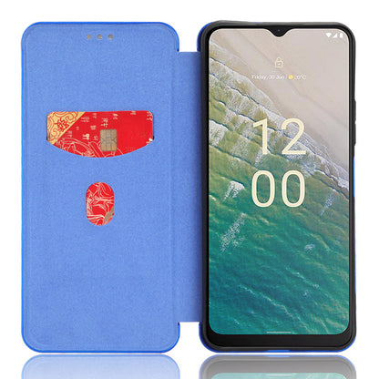 For Nokia C32 PU Leather Carbon Fiber Texture Cover Card Holder Stand Phone Case