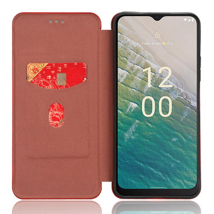 For Nokia C32 PU Leather Carbon Fiber Texture Cover Card Holder Stand Phone Case