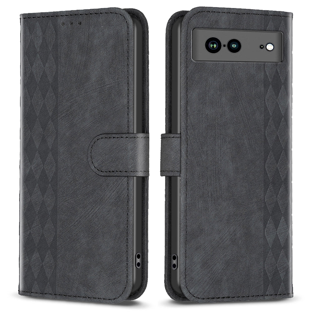 Shockproof Phone Case for Google Pixel 7a Wallet Shell Imprinting Grid Pattern Stand Cover