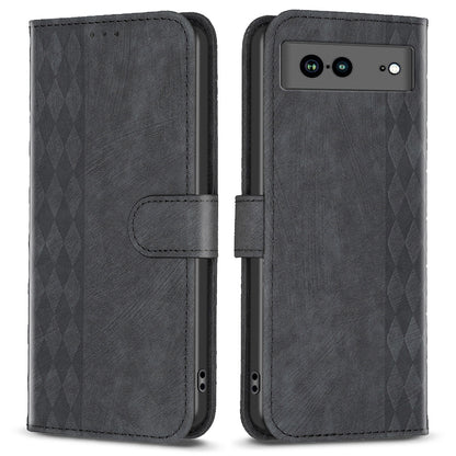 Shockproof Phone Case for Google Pixel 7a Wallet Shell Imprinting Grid Pattern Stand Cover