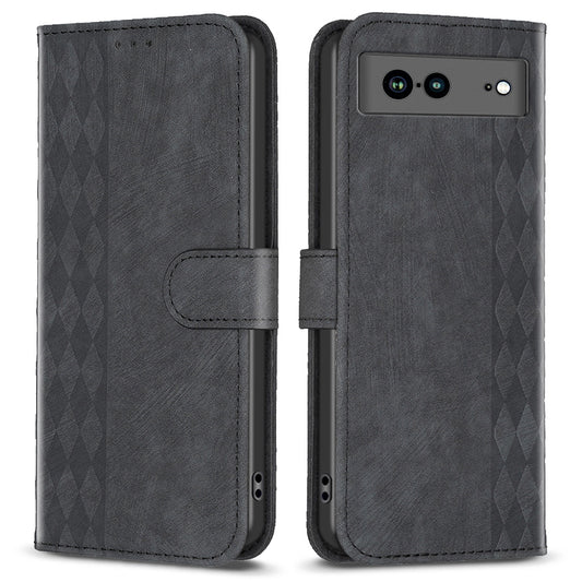 Shockproof Phone Case for Google Pixel 7a Wallet Shell Imprinting Grid Pattern Stand Cover