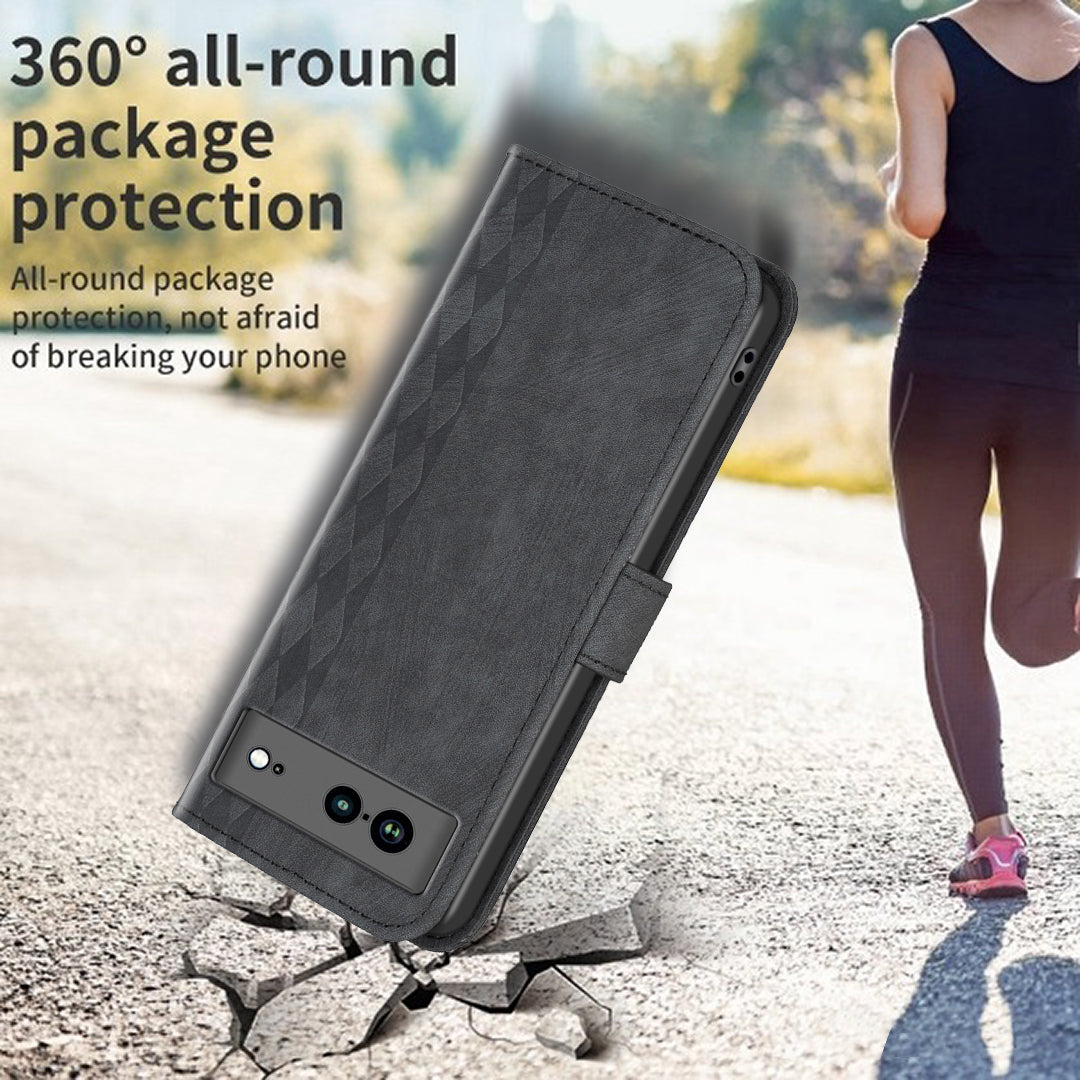 Shockproof Phone Case for Google Pixel 7a Wallet Shell Imprinting Grid Pattern Stand Cover