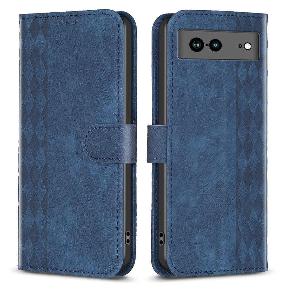 Shockproof Phone Case for Google Pixel 7a Wallet Shell Imprinting Grid Pattern Stand Cover