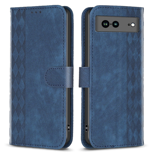 Shockproof Phone Case for Google Pixel 7a Wallet Shell Imprinting Grid Pattern Stand Cover