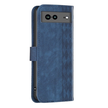 Shockproof Phone Case for Google Pixel 7a Wallet Shell Imprinting Grid Pattern Stand Cover