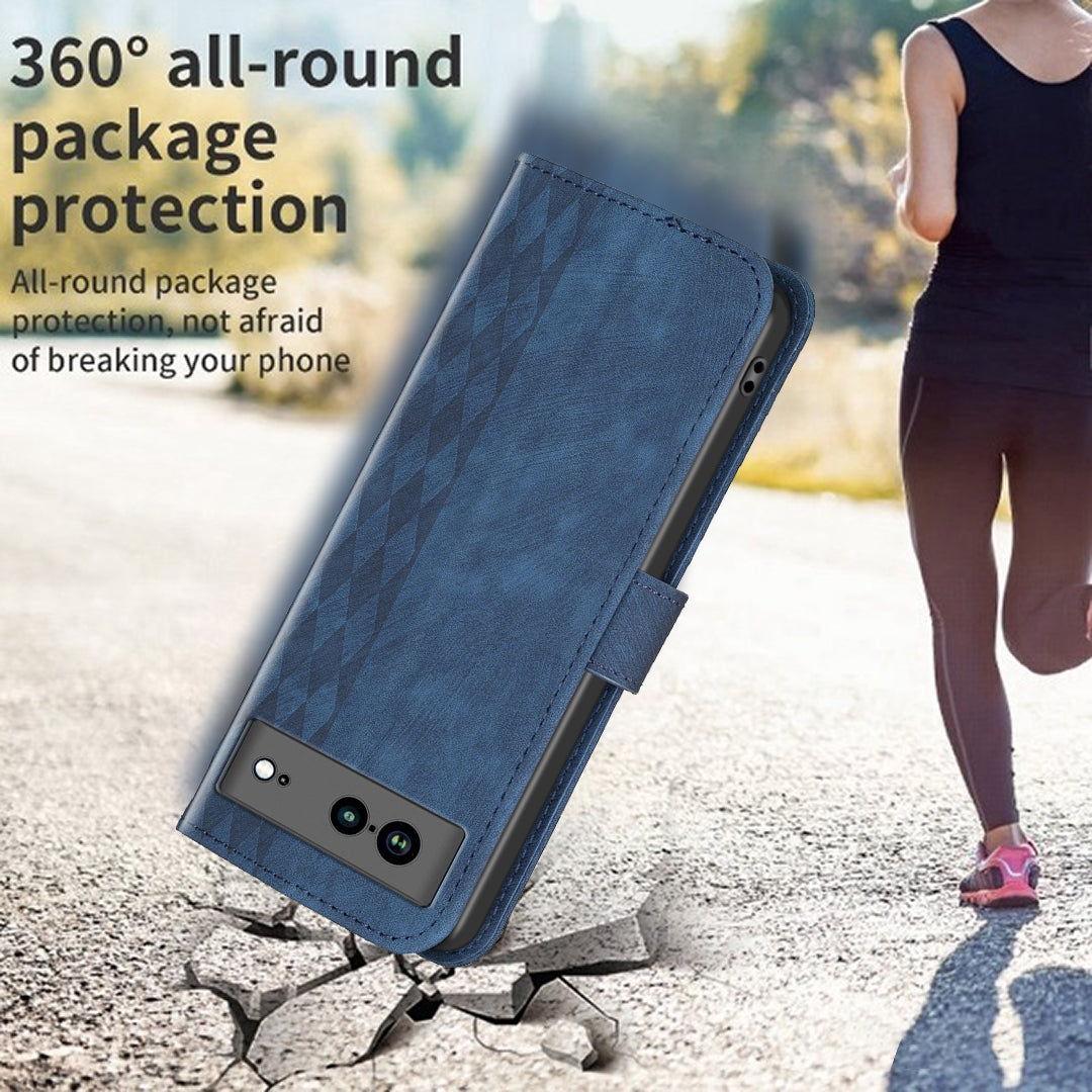 Shockproof Phone Case for Google Pixel 7a Wallet Shell Imprinting Grid Pattern Stand Cover
