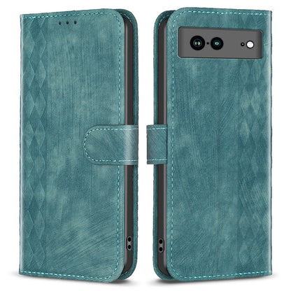 Shockproof Phone Case for Google Pixel 7a Wallet Shell Imprinting Grid Pattern Stand Cover