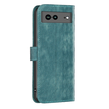 Shockproof Phone Case for Google Pixel 7a Wallet Shell Imprinting Grid Pattern Stand Cover