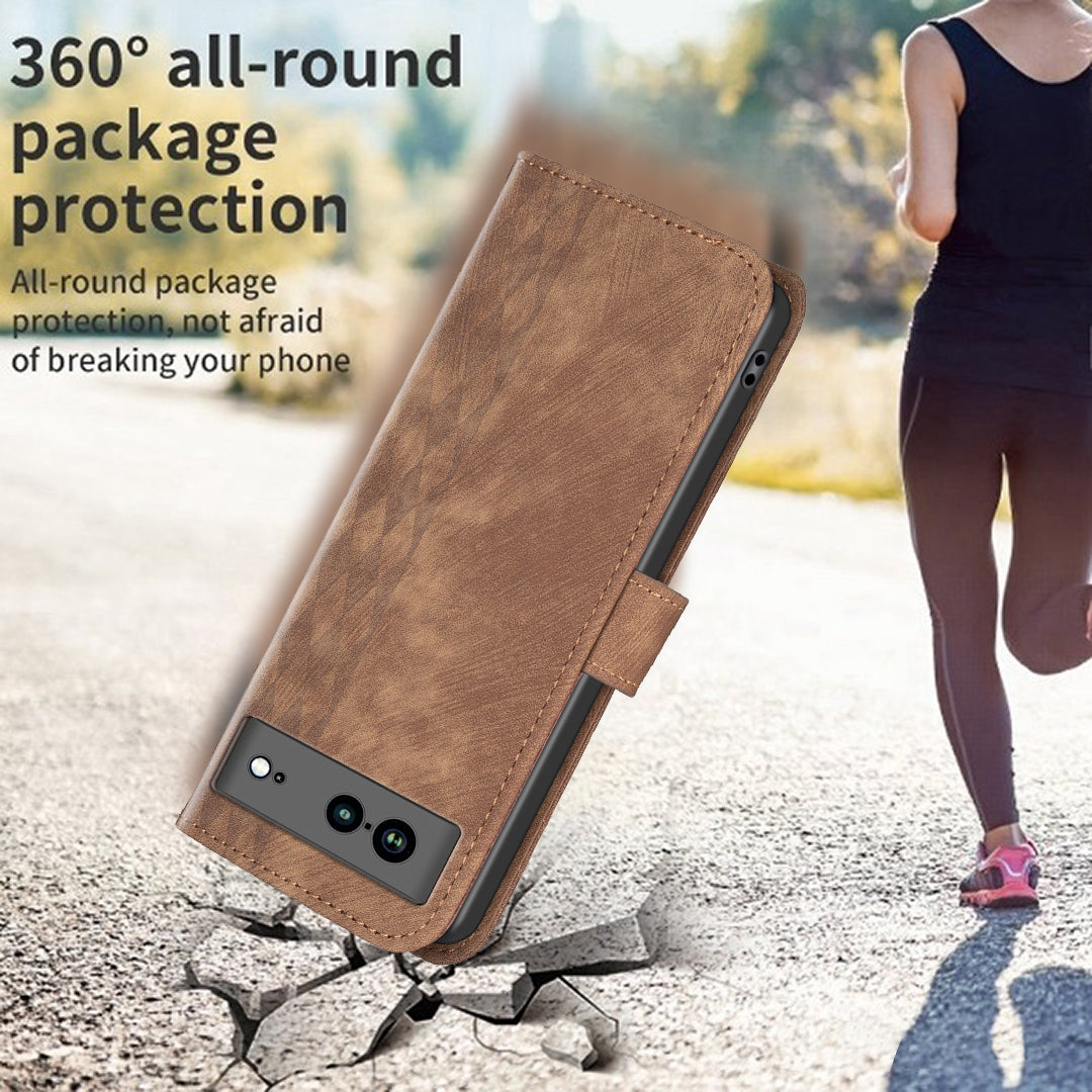 Shockproof Phone Case for Google Pixel 7a Wallet Shell Imprinting Grid Pattern Stand Cover