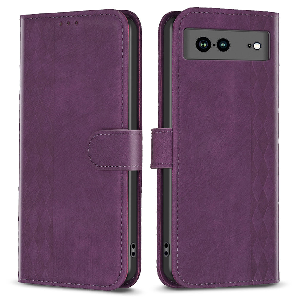 Shockproof Phone Case for Google Pixel 7a Wallet Shell Imprinting Grid Pattern Stand Cover