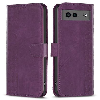 Shockproof Phone Case for Google Pixel 7a Wallet Shell Imprinting Grid Pattern Stand Cover