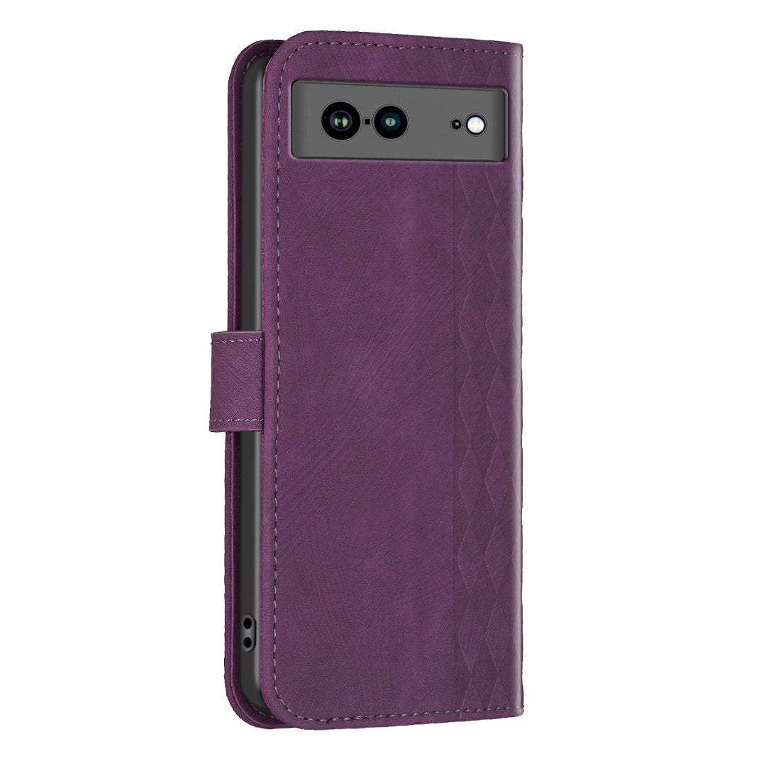 Shockproof Phone Case for Google Pixel 7a Wallet Shell Imprinting Grid Pattern Stand Cover