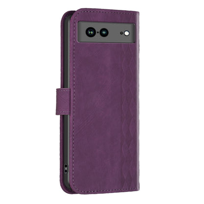 Shockproof Phone Case for Google Pixel 7a Wallet Shell Imprinting Grid Pattern Stand Cover