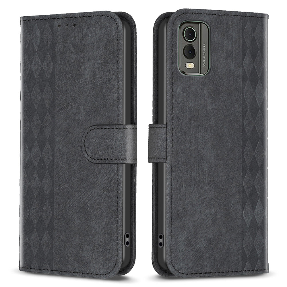 For Nokia C32 Wallet Stand Phone Case Imprinting Grid Pattern Magnetic Clasp Cellphone Cover