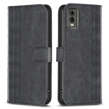 For Nokia C32 Wallet Stand Phone Case Imprinting Grid Pattern Magnetic Clasp Cellphone Cover
