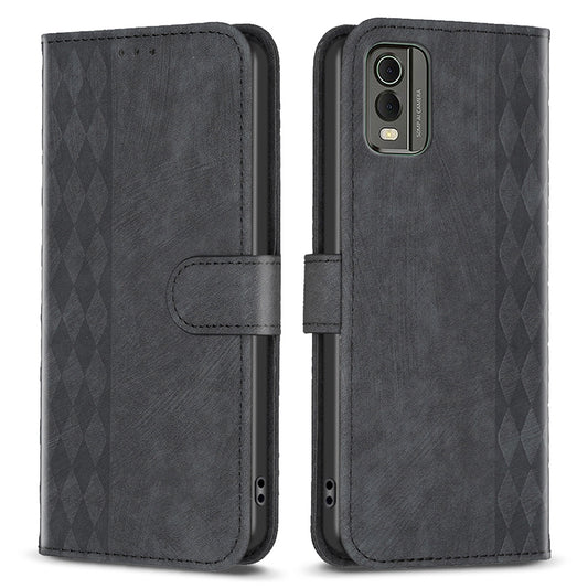 For Nokia C32 Wallet Stand Phone Case Imprinting Grid Pattern Magnetic Clasp Cellphone Cover