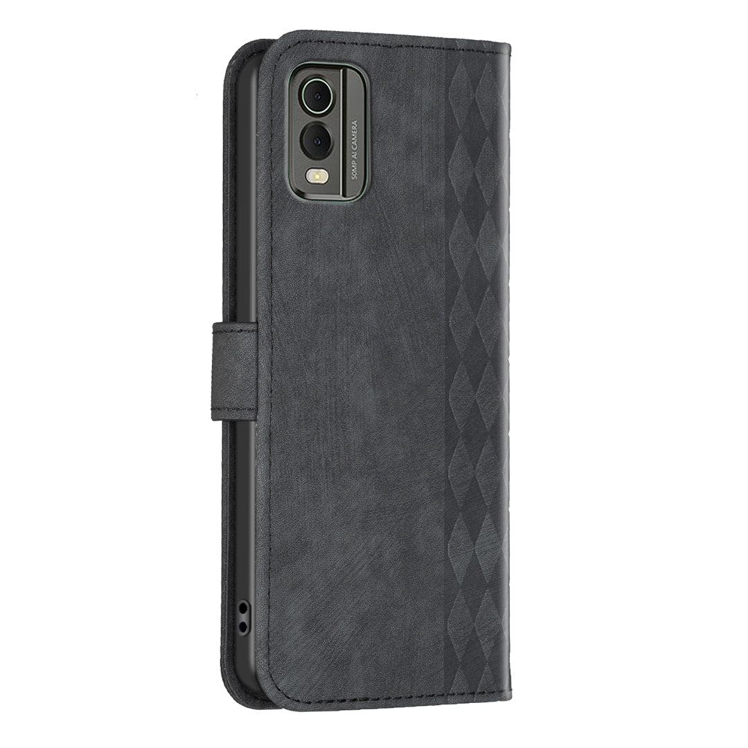 For Nokia C32 Wallet Stand Phone Case Imprinting Grid Pattern Magnetic Clasp Cellphone Cover