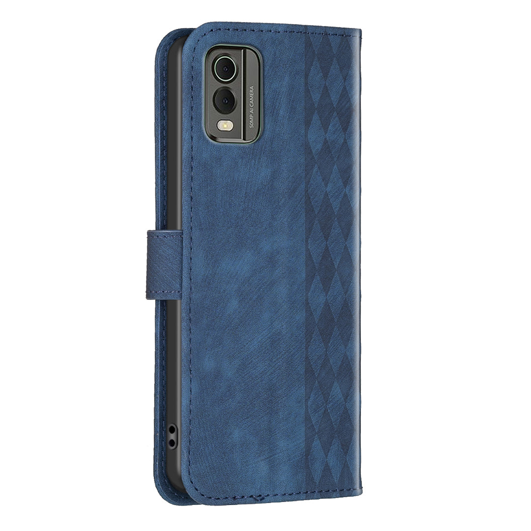 For Nokia C32 Wallet Stand Phone Case Imprinting Grid Pattern Magnetic Clasp Cellphone Cover