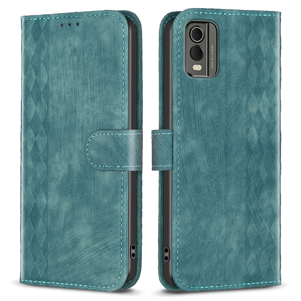 For Nokia C32 Wallet Stand Phone Case Imprinting Grid Pattern Magnetic Clasp Cellphone Cover