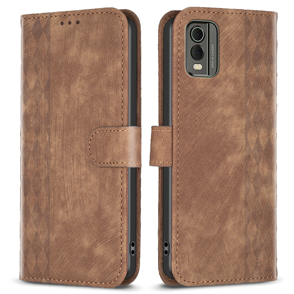 For Nokia C32 Wallet Stand Phone Case Imprinting Grid Pattern Magnetic Clasp Cellphone Cover