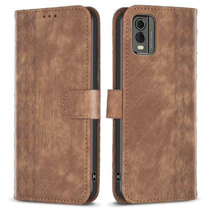 For Nokia C32 Wallet Stand Phone Case Imprinting Grid Pattern Magnetic Clasp Cellphone Cover
