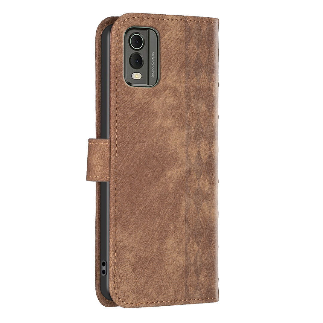 For Nokia C32 Wallet Stand Phone Case Imprinting Grid Pattern Magnetic Clasp Cellphone Cover