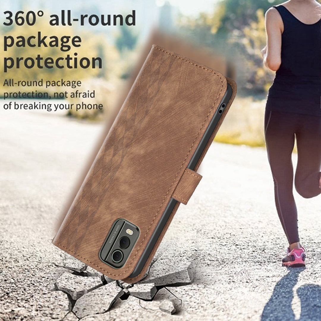 For Nokia C32 Wallet Stand Phone Case Imprinting Grid Pattern Magnetic Clasp Cellphone Cover