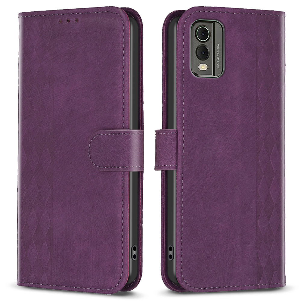 For Nokia C32 Wallet Stand Phone Case Imprinting Grid Pattern Magnetic Clasp Cellphone Cover