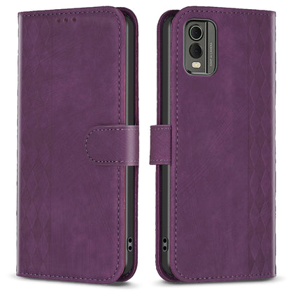 For Nokia C32 Wallet Stand Phone Case Imprinting Grid Pattern Magnetic Clasp Cellphone Cover