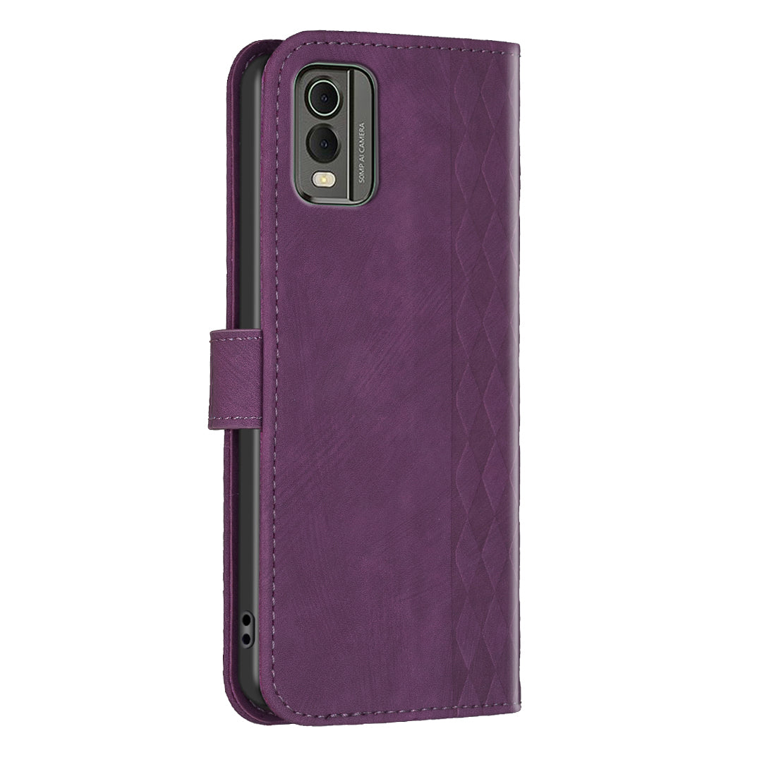 For Nokia C32 Wallet Stand Phone Case Imprinting Grid Pattern Magnetic Clasp Cellphone Cover