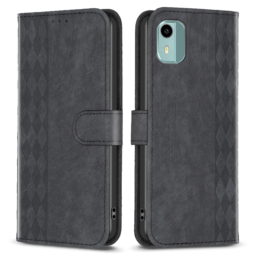 For Nokia C12 4G / C12 Pro / C12 Plus Magnetic Clasp Phone Case Imprinting Grid Pattern Wallet Stand Cover