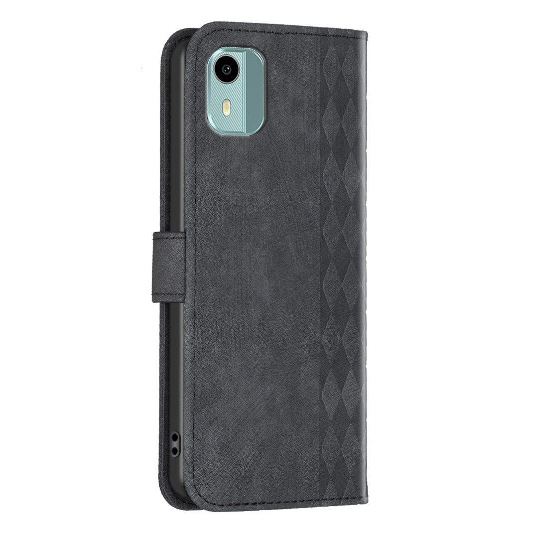 For Nokia C12 4G / C12 Pro / C12 Plus Magnetic Clasp Phone Case Imprinting Grid Pattern Wallet Stand Cover