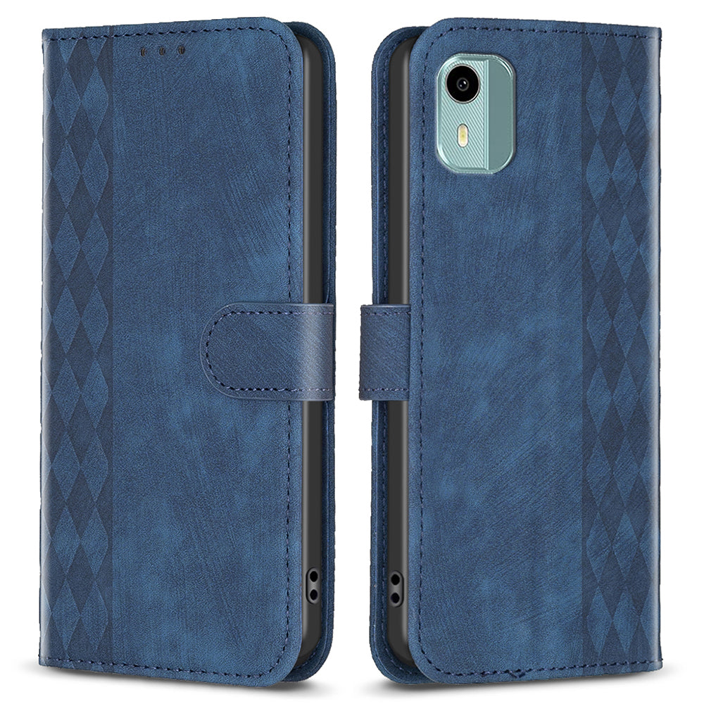 For Nokia C12 4G / C12 Pro / C12 Plus Magnetic Clasp Phone Case Imprinting Grid Pattern Wallet Stand Cover