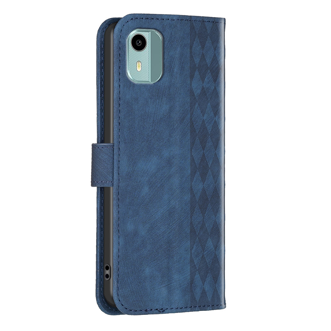 For Nokia C12 4G / C12 Pro / C12 Plus Magnetic Clasp Phone Case Imprinting Grid Pattern Wallet Stand Cover