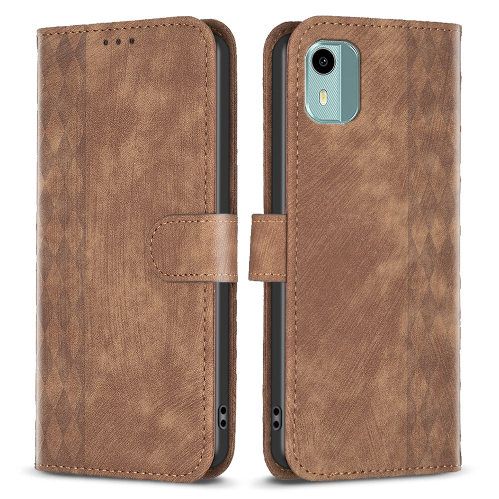 For Nokia C12 4G / C12 Pro / C12 Plus Magnetic Clasp Phone Case Imprinting Grid Pattern Wallet Stand Cover