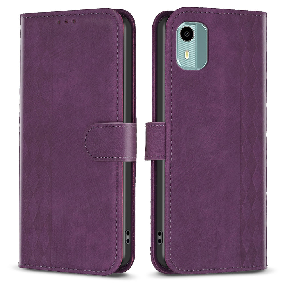 For Nokia C12 4G / C12 Pro / C12 Plus Magnetic Clasp Phone Case Imprinting Grid Pattern Wallet Stand Cover