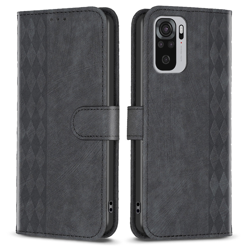 For Xiaomi Redmi Note 10 4G / 10S 4G / Poco M5s 4G Stand Wallet Phone Case Grid Pattern Imprinting Cover