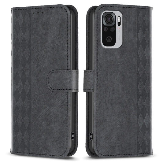 For Xiaomi Redmi Note 10 4G / 10S 4G / Poco M5s 4G Stand Wallet Phone Case Grid Pattern Imprinting Cover