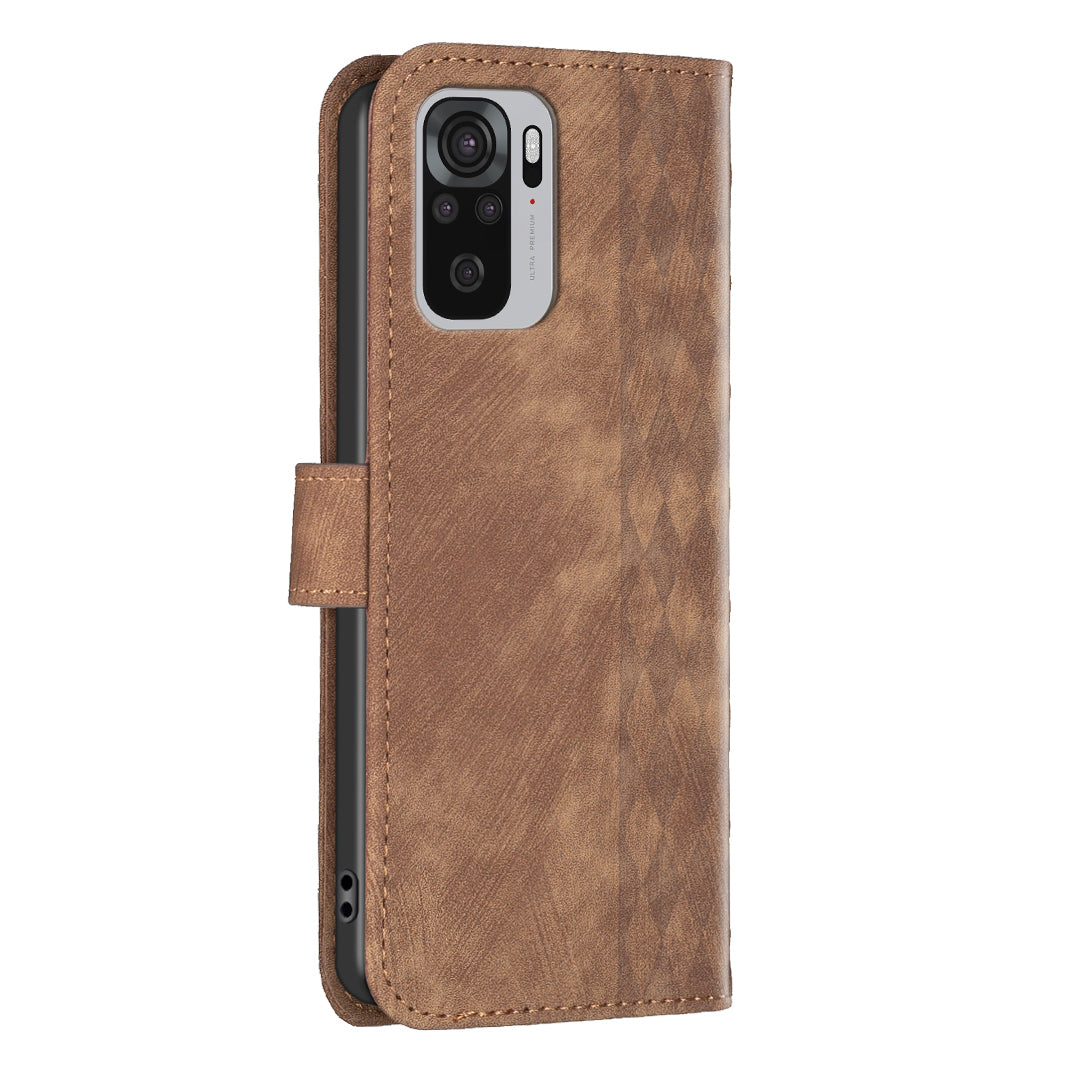 For Xiaomi Redmi Note 10 4G / 10S 4G / Poco M5s 4G Stand Wallet Phone Case Grid Pattern Imprinting Cover