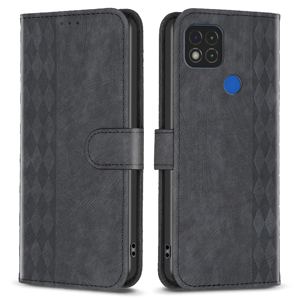 Stand Shell for Xiaomi Poco C31 / Redmi 9C / 9C NFC / 10A Phone Wallet Case Grid Pattern Imprinting Cover