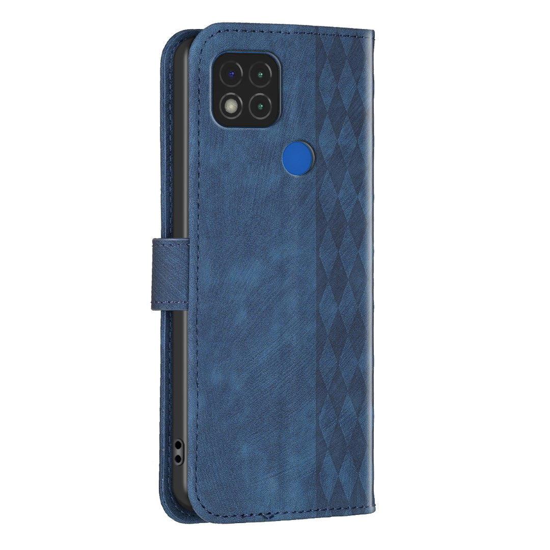 Stand Shell for Xiaomi Poco C31 / Redmi 9C / 9C NFC / 10A Phone Wallet Case Grid Pattern Imprinting Cover