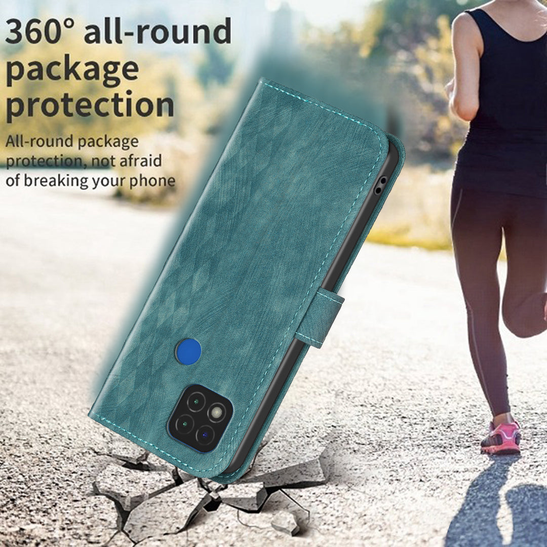 Stand Shell for Xiaomi Poco C31 / Redmi 9C / 9C NFC / 10A Phone Wallet Case Grid Pattern Imprinting Cover