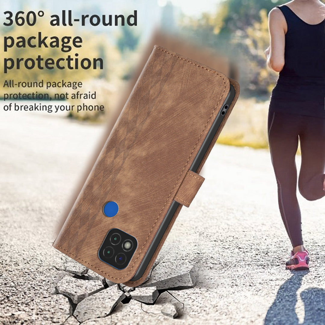 Stand Shell for Xiaomi Poco C31 / Redmi 9C / 9C NFC / 10A Phone Wallet Case Grid Pattern Imprinting Cover