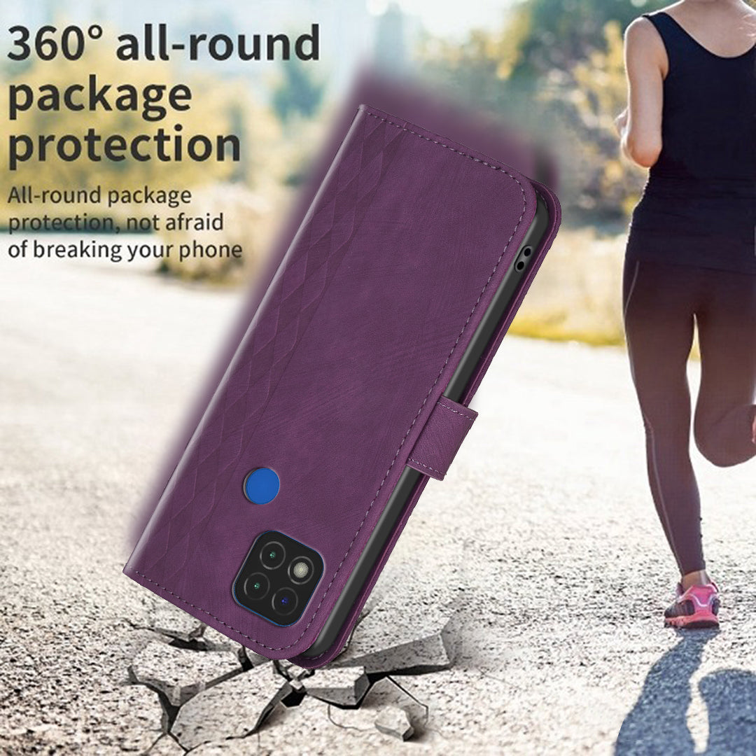 Stand Shell for Xiaomi Poco C31 / Redmi 9C / 9C NFC / 10A Phone Wallet Case Grid Pattern Imprinting Cover