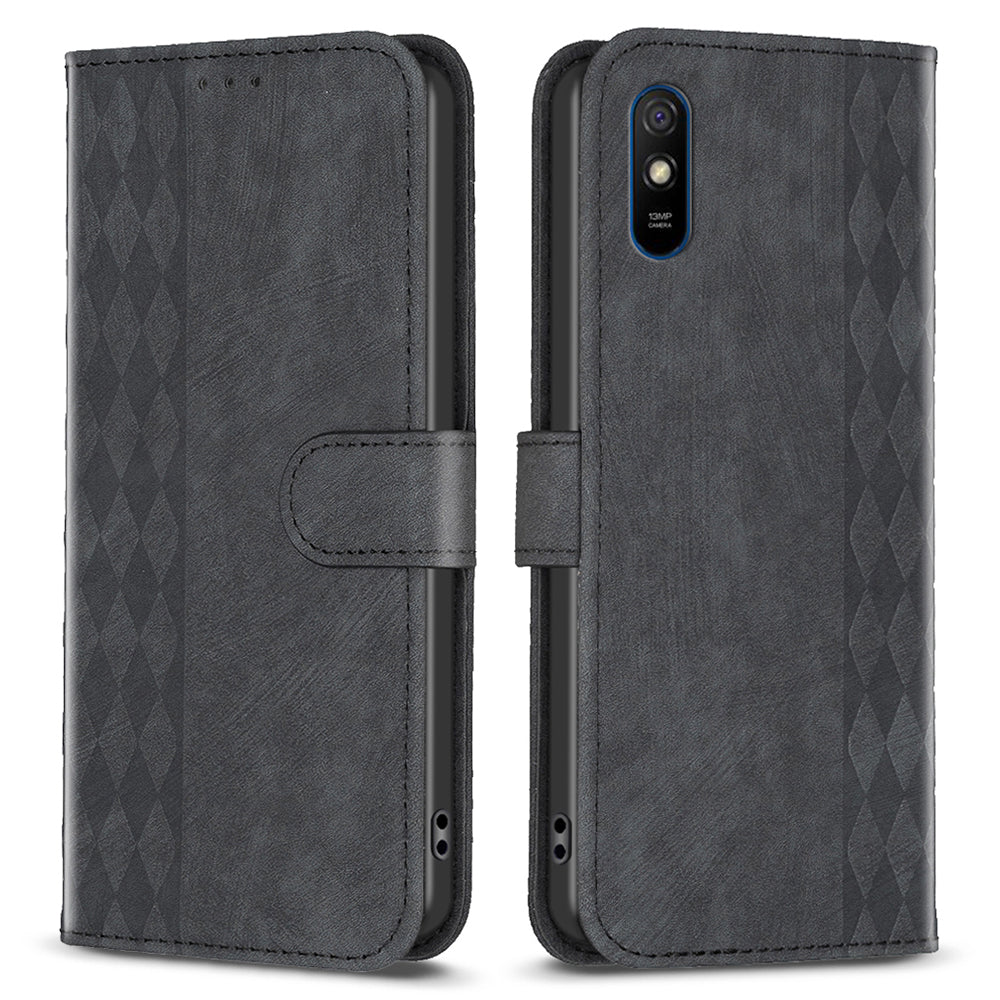 For Xiaomi Redmi 9A Leather Phone Case Imprinting Grid Anti-drop Wallet Stand Shell